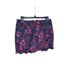 Express Black & Red Floral Jacquard Ruffle Hem Whimsigoth Mini Skirt Size 8